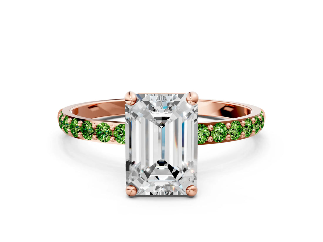 Rose gold Emerald Cut Diamond Solitaire Ring with Round with Peridot side stone Pavé Band and Prong Setting