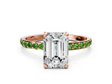 Rose gold Emerald Cut Diamond Solitaire Ring with Round with Peridot side stone Pavé Band and Prong Setting
