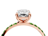 Rose gold Emerald Cut Diamond Solitaire Ring with Round with Peridot side stone Pavé Band and Prong Setting_4