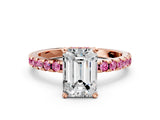 Rose gold Emerald Cut Diamond Solitaire Ring with Round with Pink Sapphire side stone Pavé Band and Four-Prong Setting_36