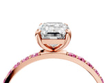 Rose gold Emerald Cut Diamond Solitaire Ring with Round with Pink Sapphire side stone Pavé Band and Prong Setting_16