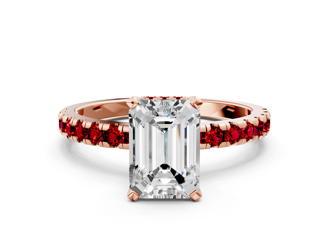 Rose gold Emerald Cut Diamond Solitaire Ring with Round with Ruby side stone Pavé Band and Four-Prong Setting_36