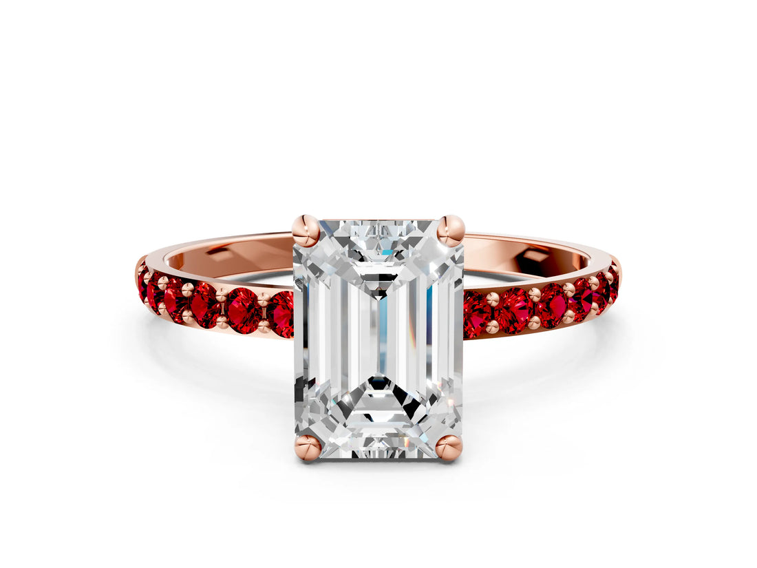 Rose gold Emerald Cut Diamond Solitaire Ring with Round with Ruby side stone Pavé Band and Prong Setting_36