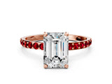 Rose gold Emerald Cut Diamond Solitaire Ring with Round with Ruby side stone Pavé Band and Prong Setting_36