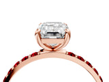 Rose gold Emerald Cut Diamond Solitaire Ring with Round with Ruby side stone Pavé Band and Prong Setting_40