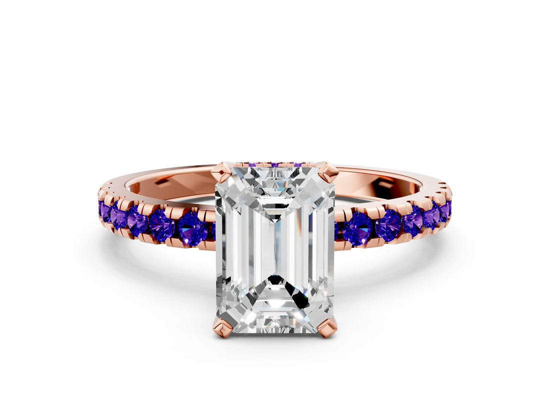 Rose gold Emerald Cut Diamond Solitaire Ring with Round with Tanzanite side stone Pavé Band and Four-Prong Setting_36