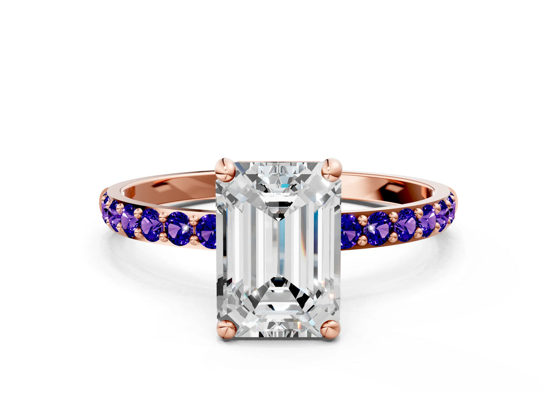 Rose gold Emerald Cut Diamond Solitaire Ring with Round with Tanzanite side stone Pavé Band and Prong Setting_12