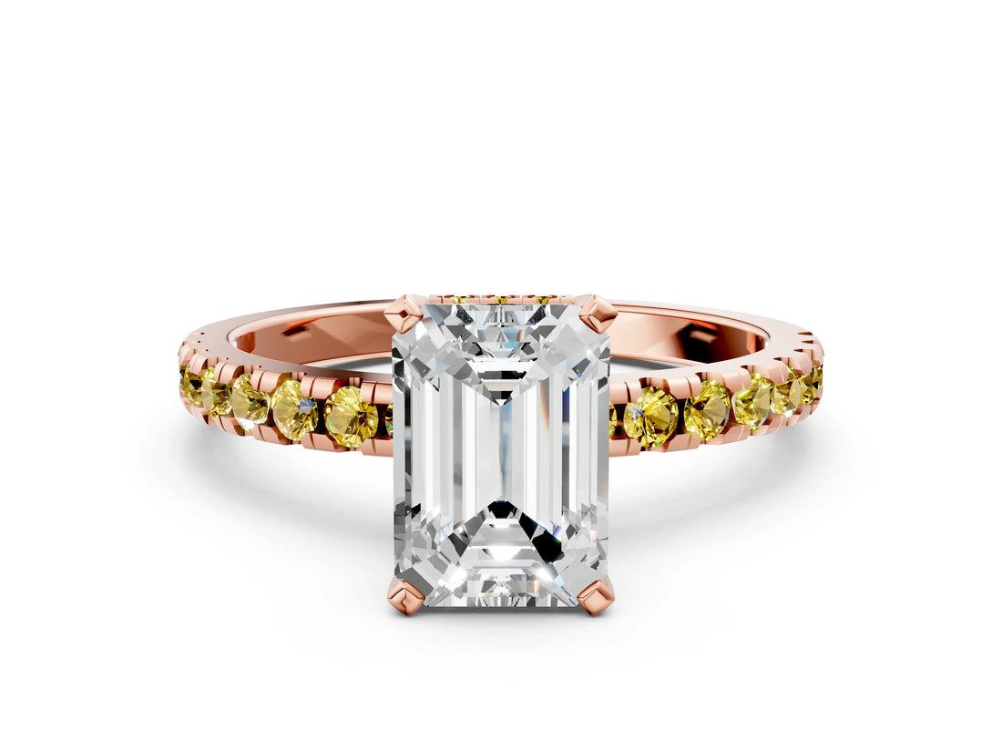 Rose gold Emerald Cut Diamond Solitaire Ring with Round with Yellow Sapphire side stone Pavé Band and Four-Prong Setting_36