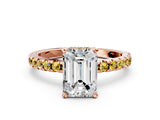 Rose gold Emerald Cut Diamond Solitaire Ring with Round with Yellow Sapphire side stone Pavé Band and Four-Prong Setting_36