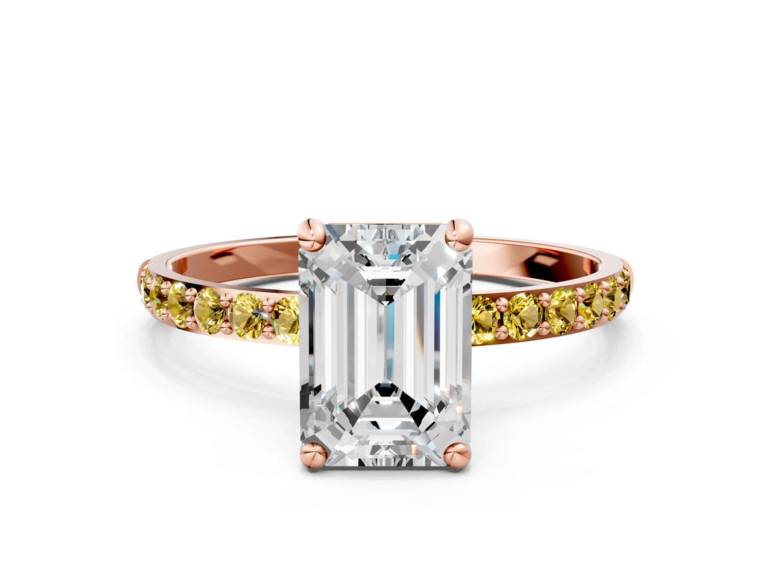Rose gold Emerald Cut Diamond Solitaire Ring with Round with Yellow Sapphire side stone Pavé Band and Prong Setting_24