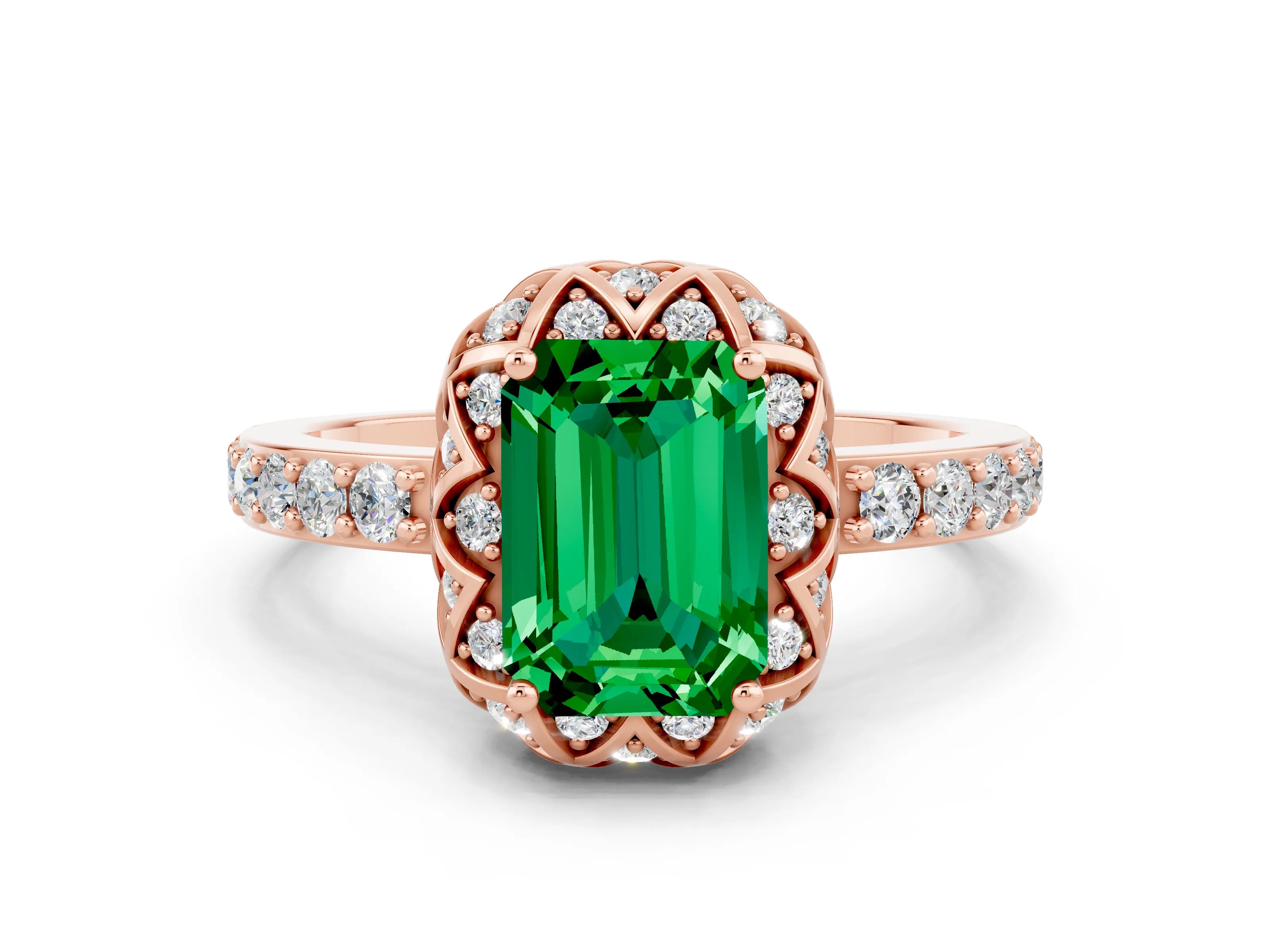 Rose gold Emerald Cut Diamond Solitaire Ring with Shared Prong Pavé Band