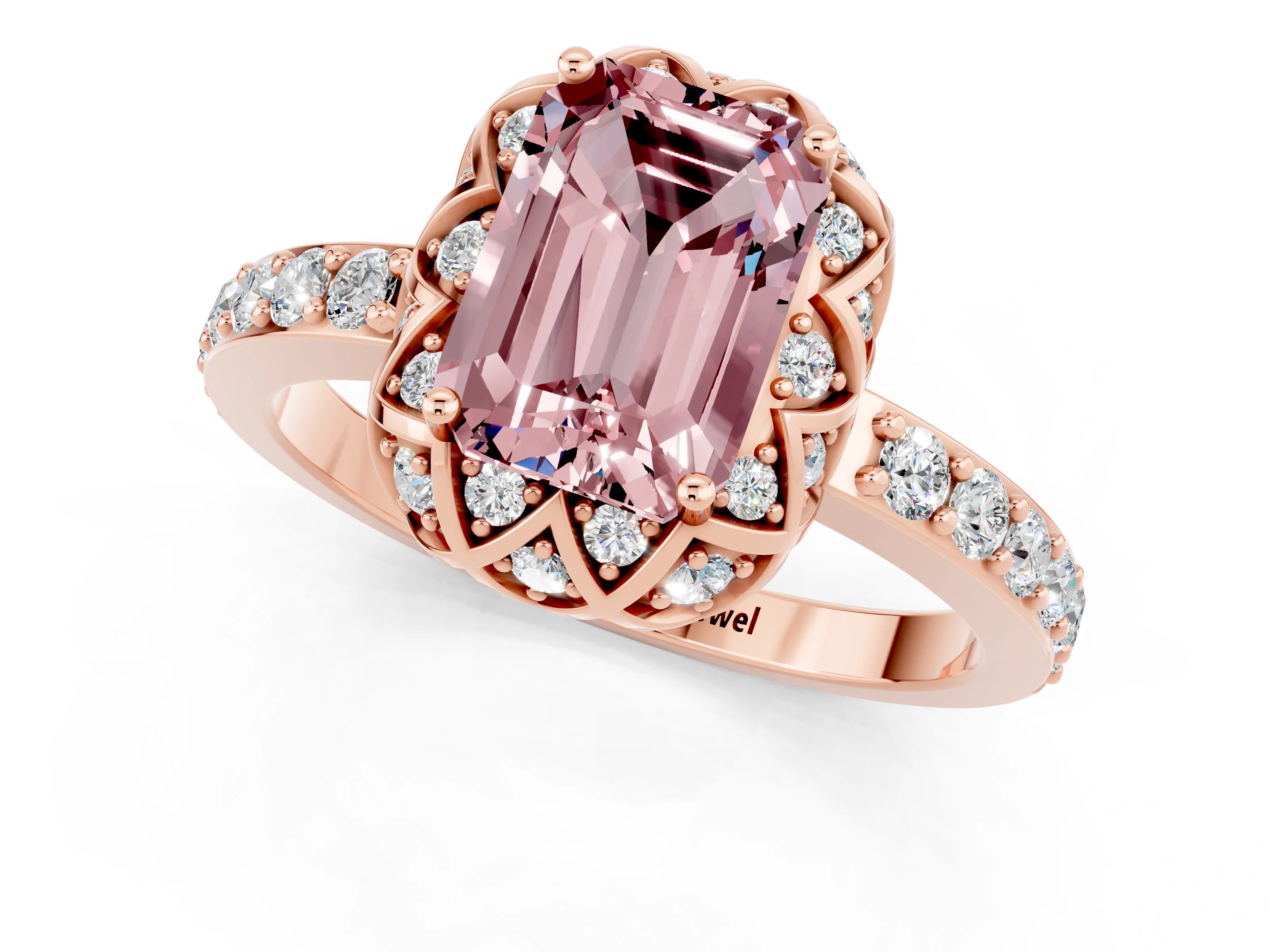 Rose gold Emerald Cut Diamond Solitaire Ring with Shared Prong Pavé Band_1