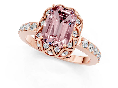 Rose gold Emerald Cut Diamond Solitaire Ring with Shared Prong Pavé Band_1