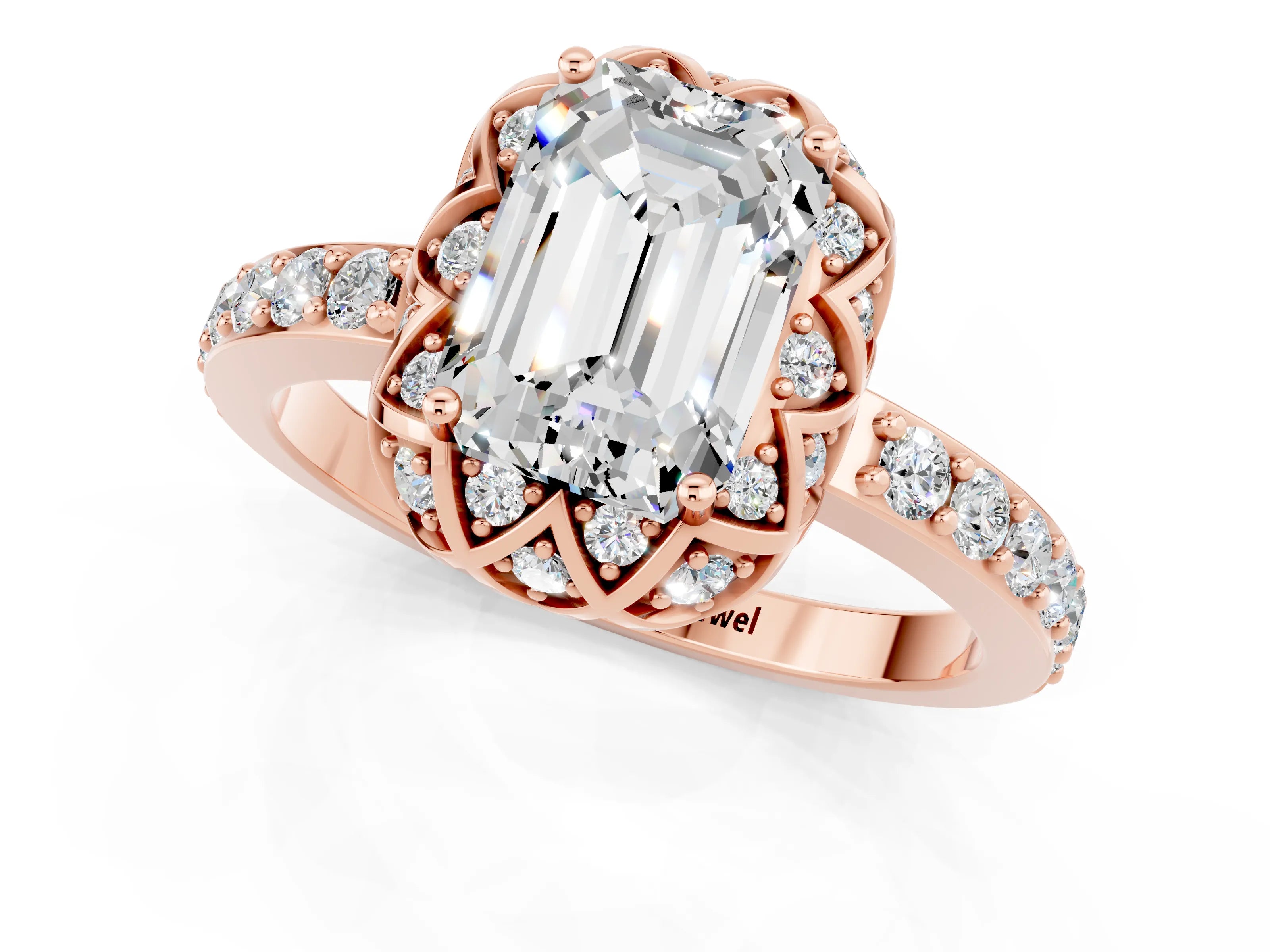 Rose gold Emerald Cut Diamond Solitaire Ring with Shared Prong Pavé Band_1