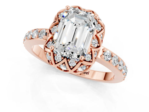 Rose gold Emerald Cut Diamond Solitaire Ring with Shared Prong Pavé Band_1