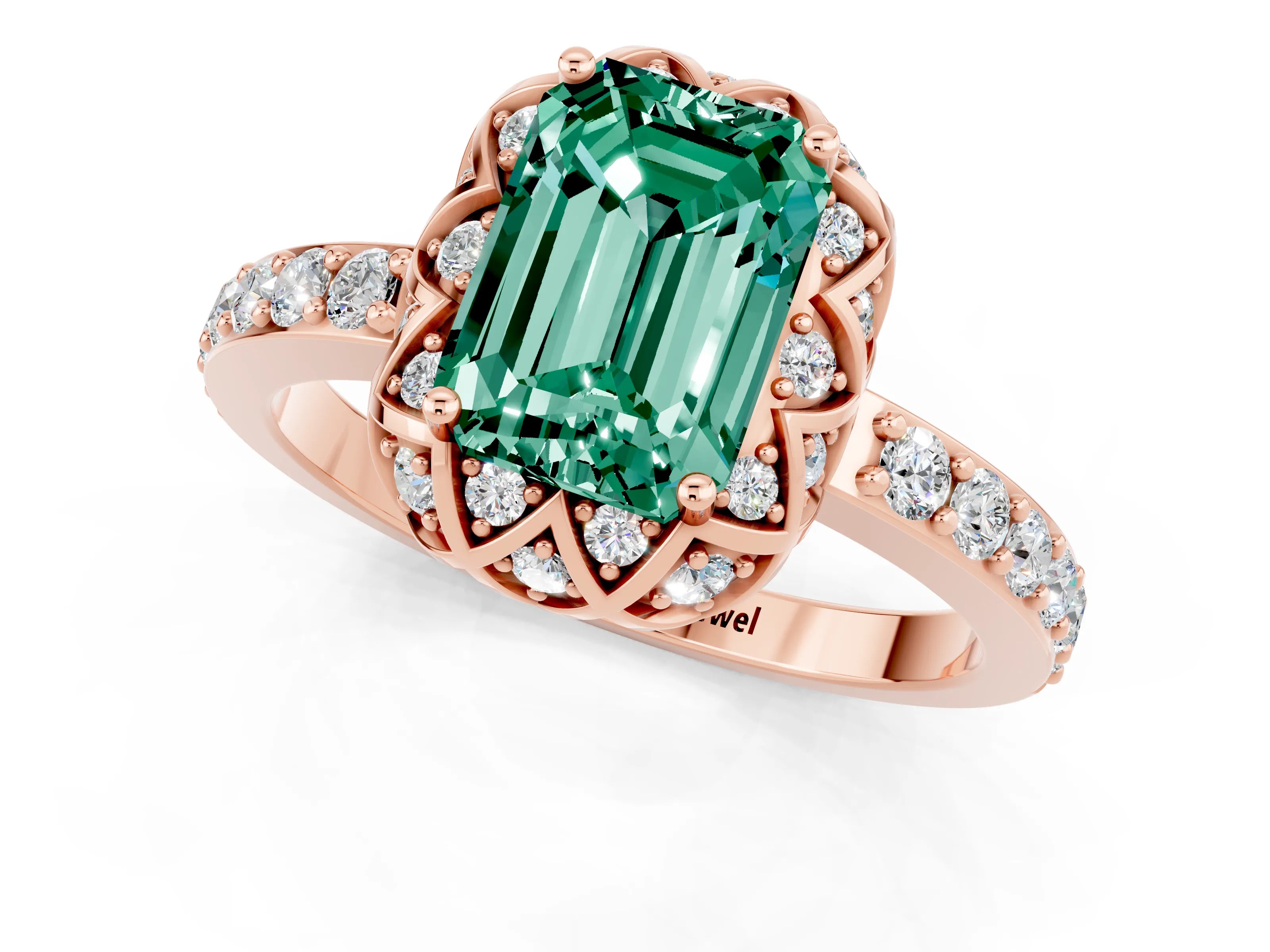 Rose gold Emerald Cut Diamond Solitaire Ring with Shared Prong Pavé Band_1