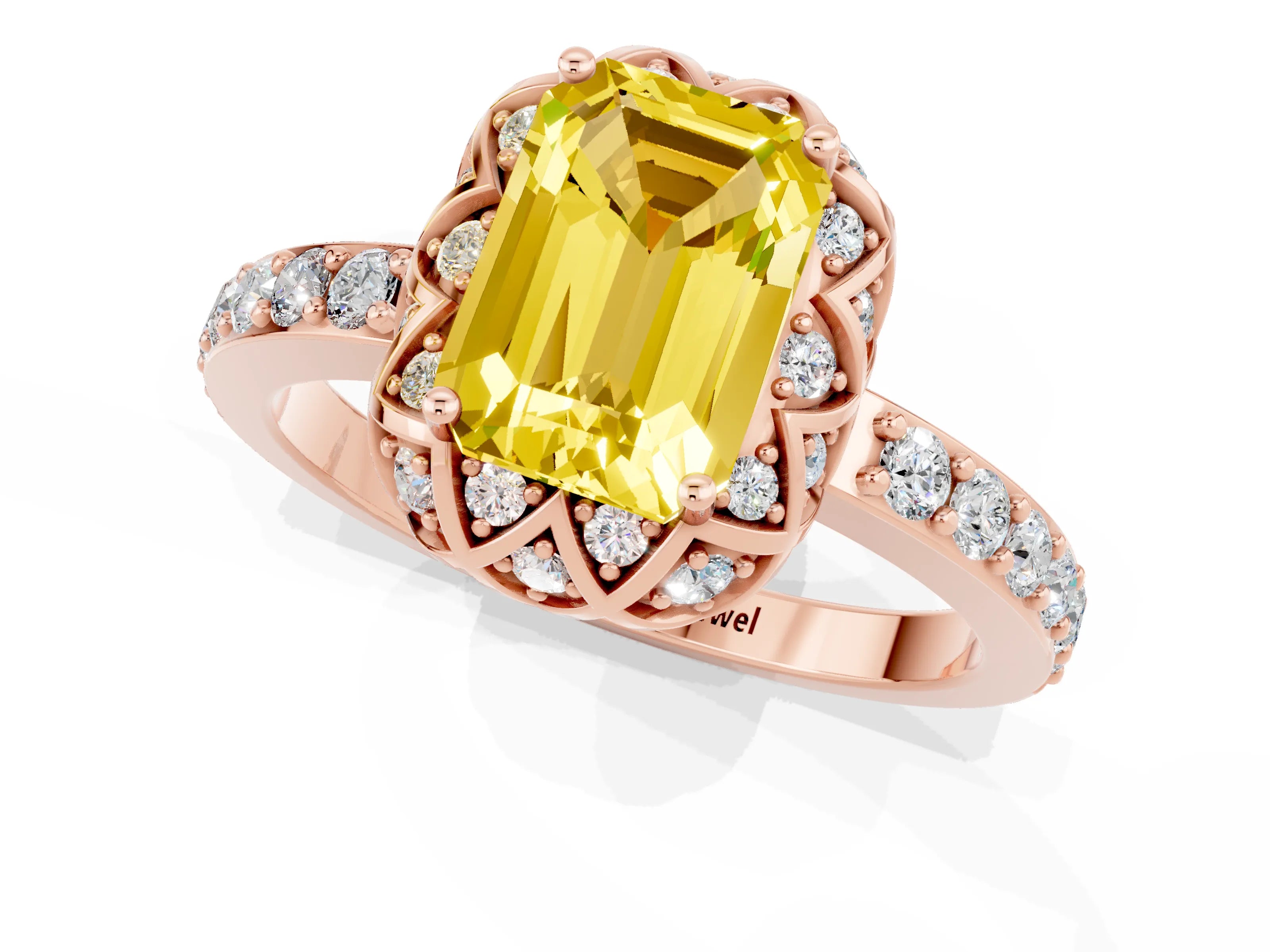 Rose gold Emerald Cut Diamond Solitaire Ring with Shared Prong Pavé Band_1