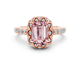 Rose gold Emerald Cut Diamond Solitaire Ring with Shared Prong Pavé Band