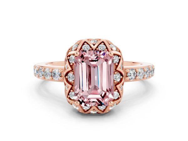 Rose gold Emerald Cut Diamond Solitaire Ring with Shared Prong Pavé Band