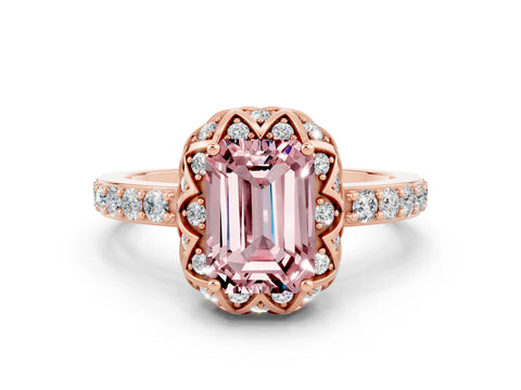 Rose gold Emerald Cut Diamond Solitaire Ring with Shared Prong Pavé Band