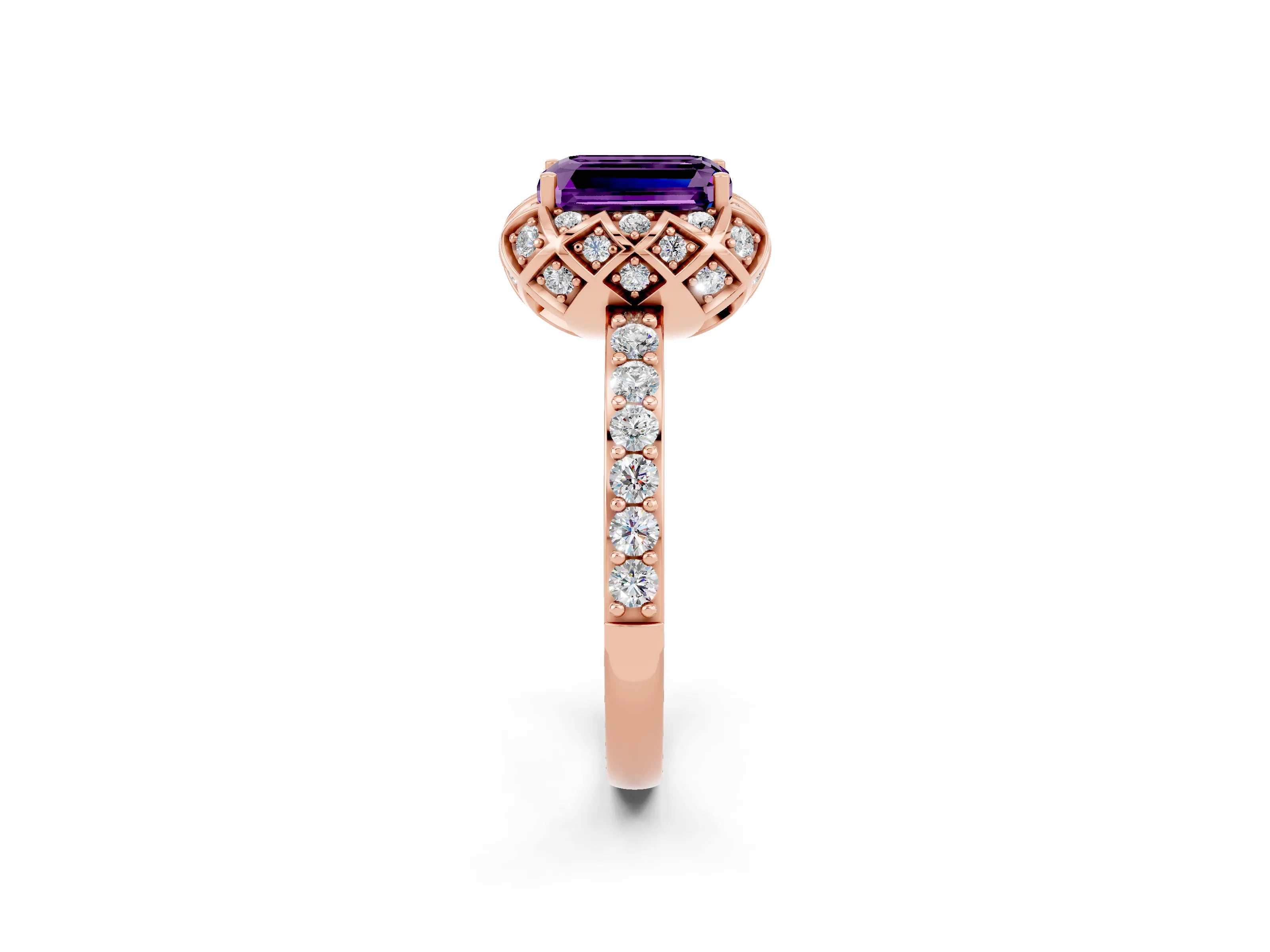 Rose gold Emerald Cut Diamond Solitaire Ring with Shared Prong Pavé Band_2