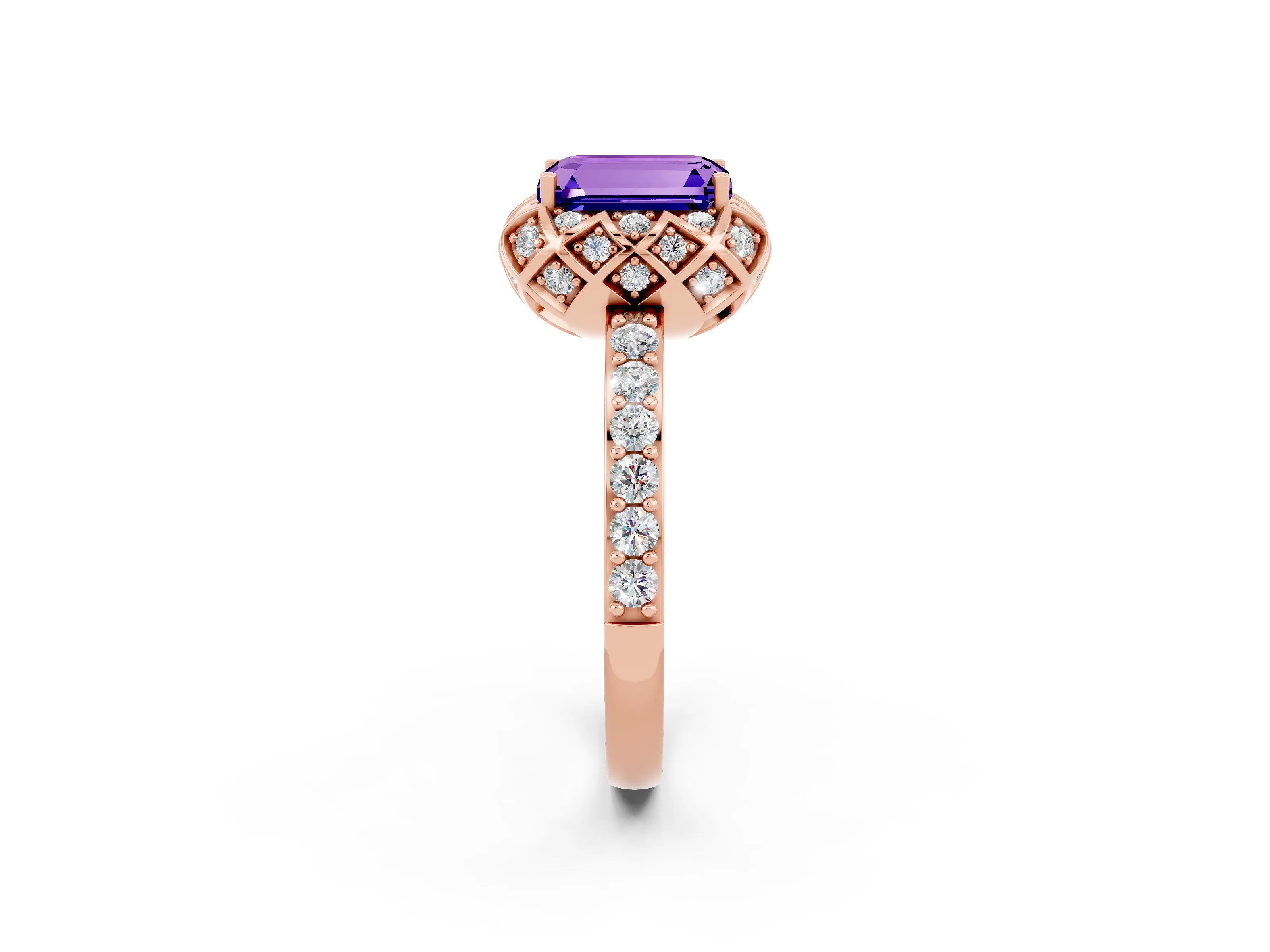 Rose gold Emerald Cut Diamond Solitaire Ring with Shared Prong Pavé Band_2