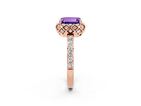 Rose gold Emerald Cut Diamond Solitaire Ring with Shared Prong Pavé Band_2