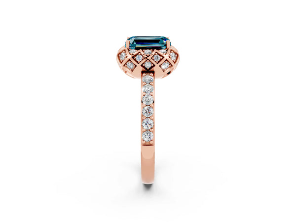 Rose gold Emerald Cut Diamond Solitaire Ring with Shared Prong Pavé Band