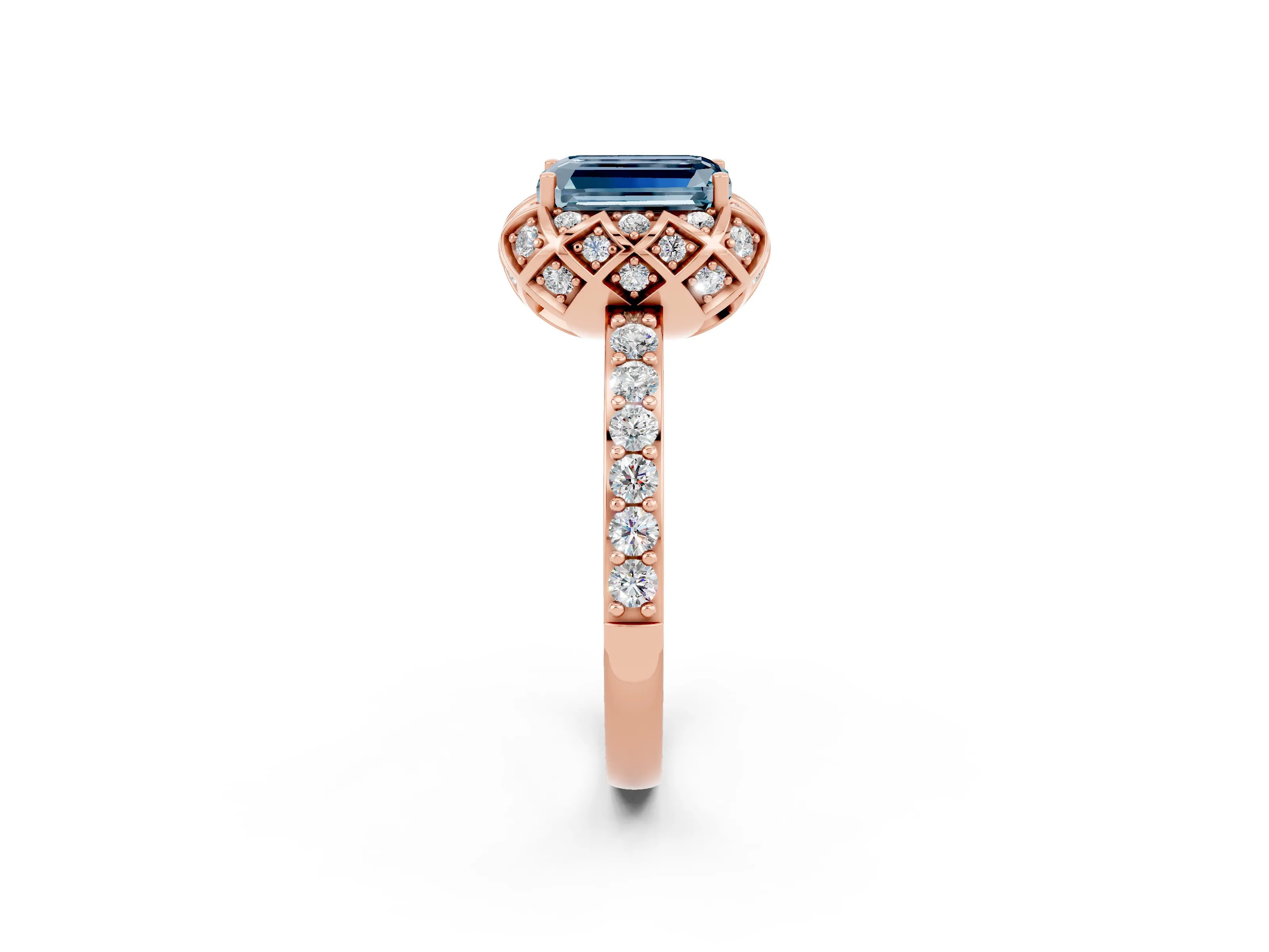 Rose gold Emerald Cut Diamond Solitaire Ring with Shared Prong Pavé Band_2
