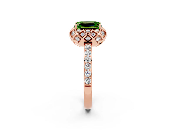 Rose gold Emerald Cut Diamond Solitaire Ring with Shared Prong Pavé Band