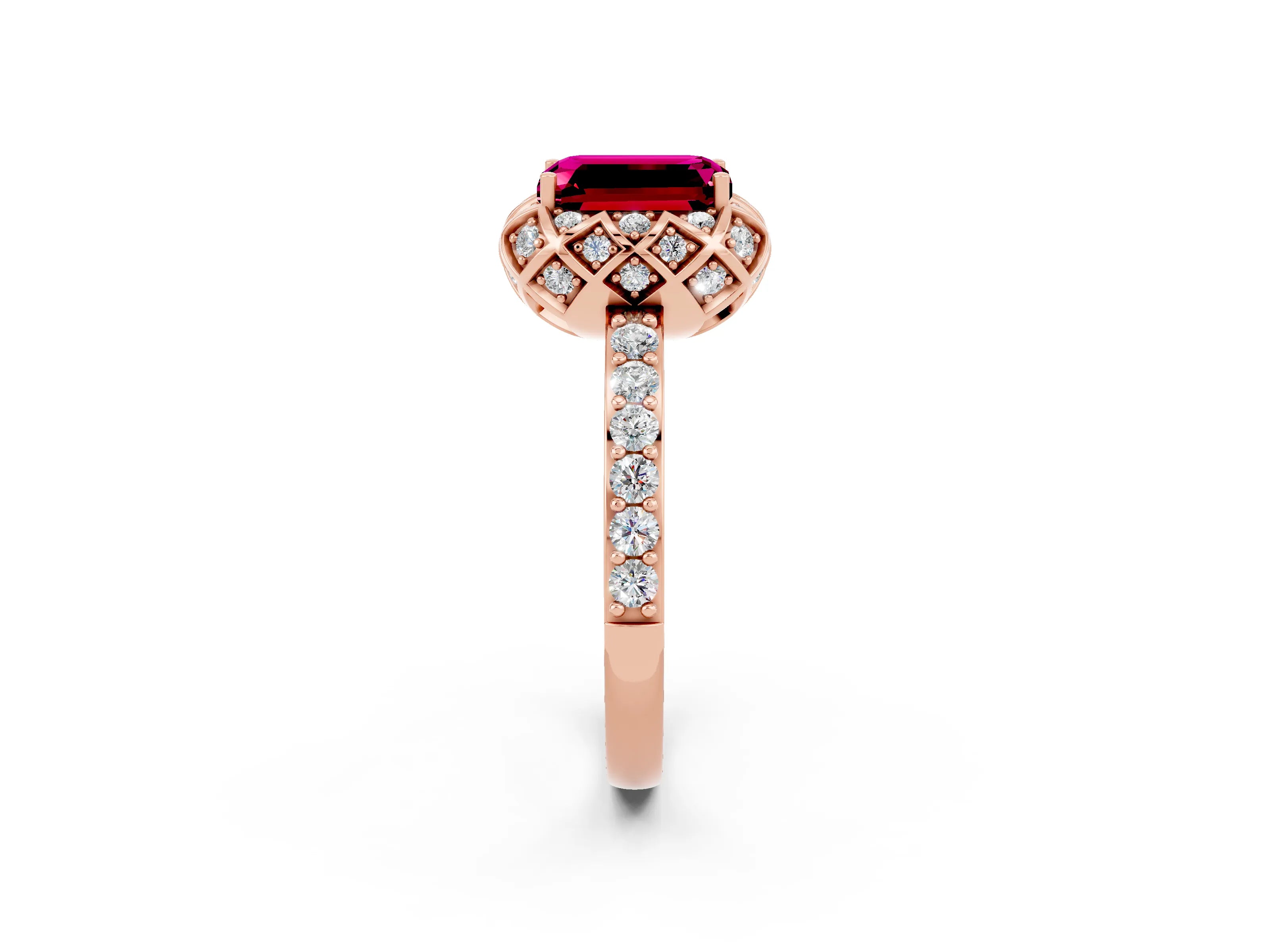Rose gold Emerald Cut Diamond Solitaire Ring with Shared Prong Pavé Band_2