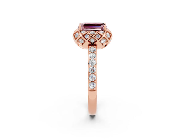 Rose gold Emerald Cut Diamond Solitaire Ring with Shared Prong Pavé Band