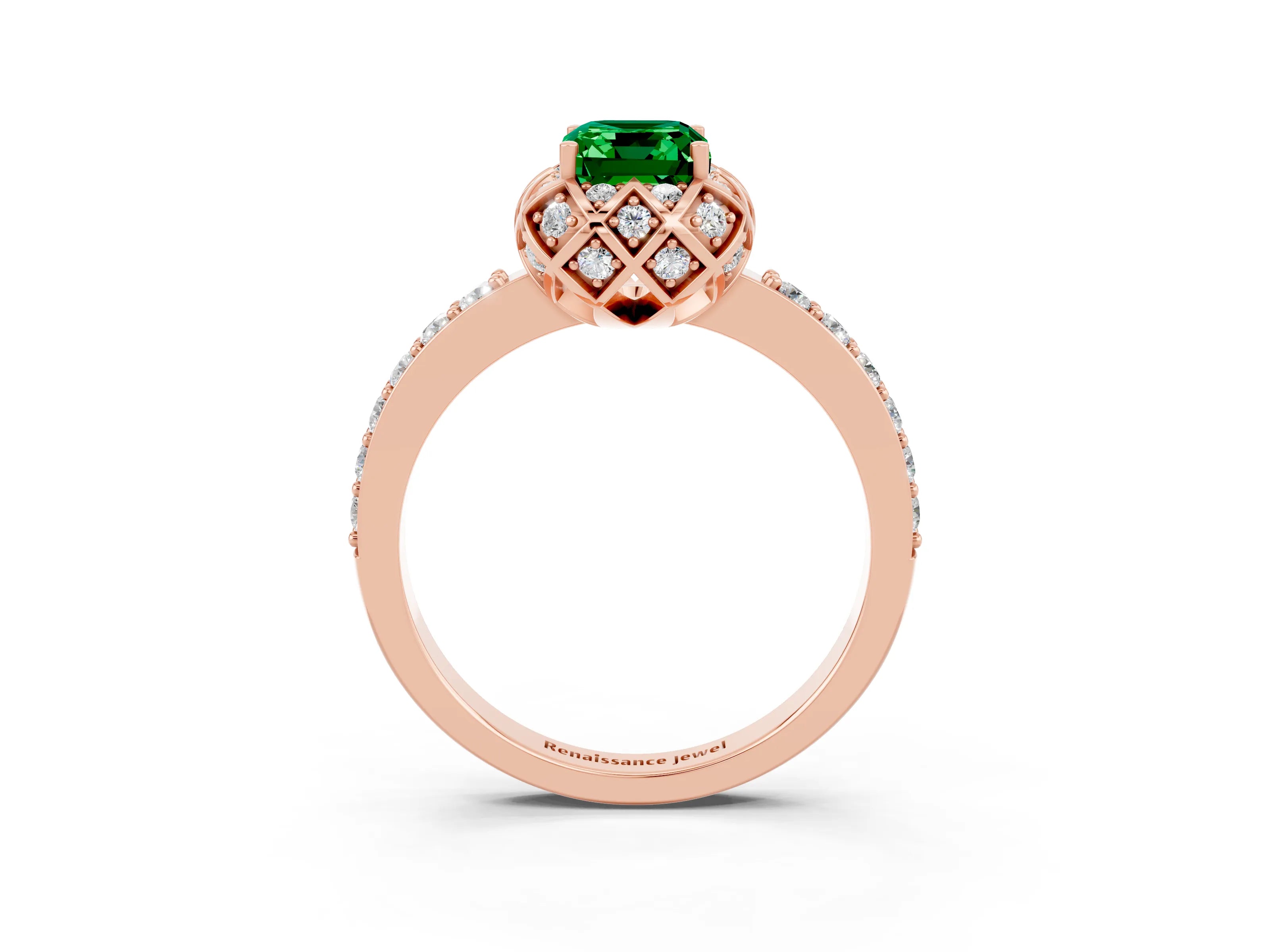 Rose gold Emerald Cut Diamond Solitaire Ring with Shared Prong Pavé Band_3