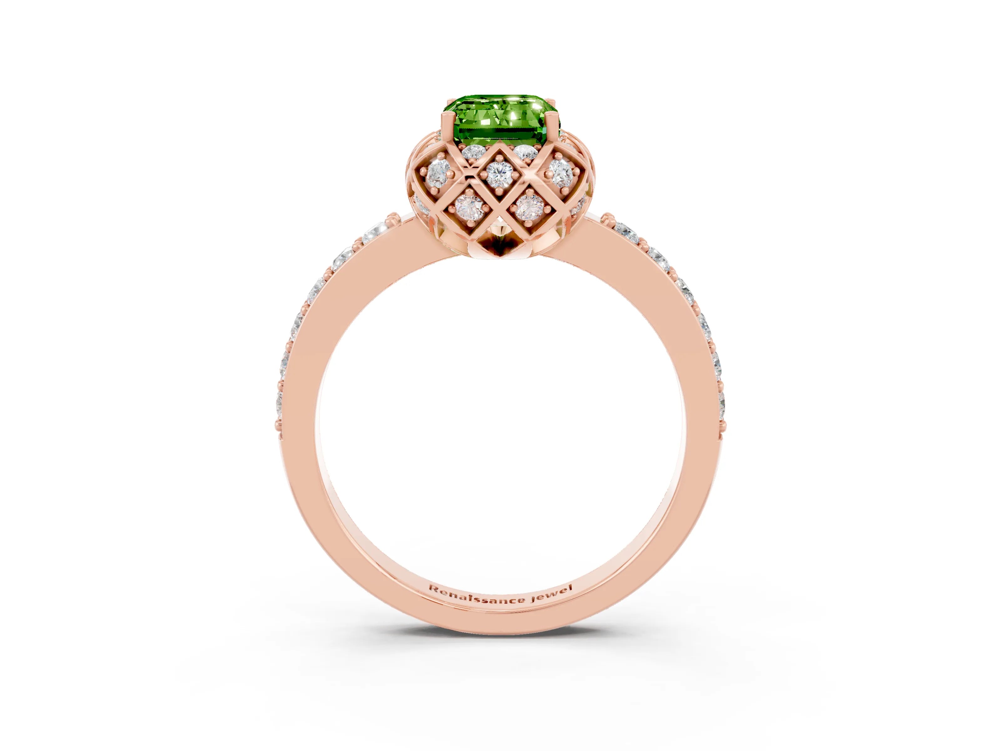 Rose gold Emerald Cut Diamond Solitaire Ring with Shared Prong Pavé Band_3