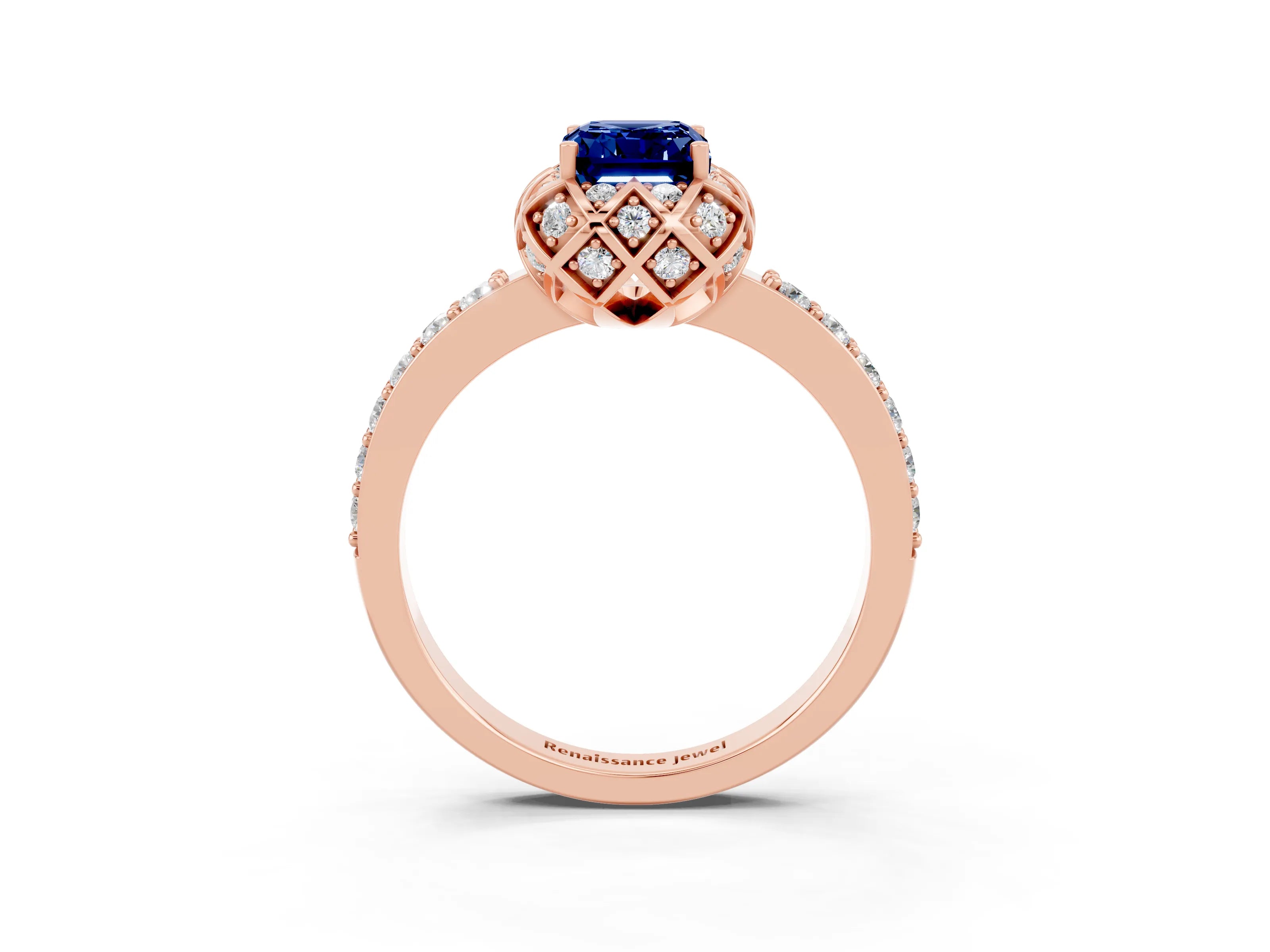 Rose gold Emerald Cut Diamond Solitaire Ring with Shared Prong Pavé Band_3