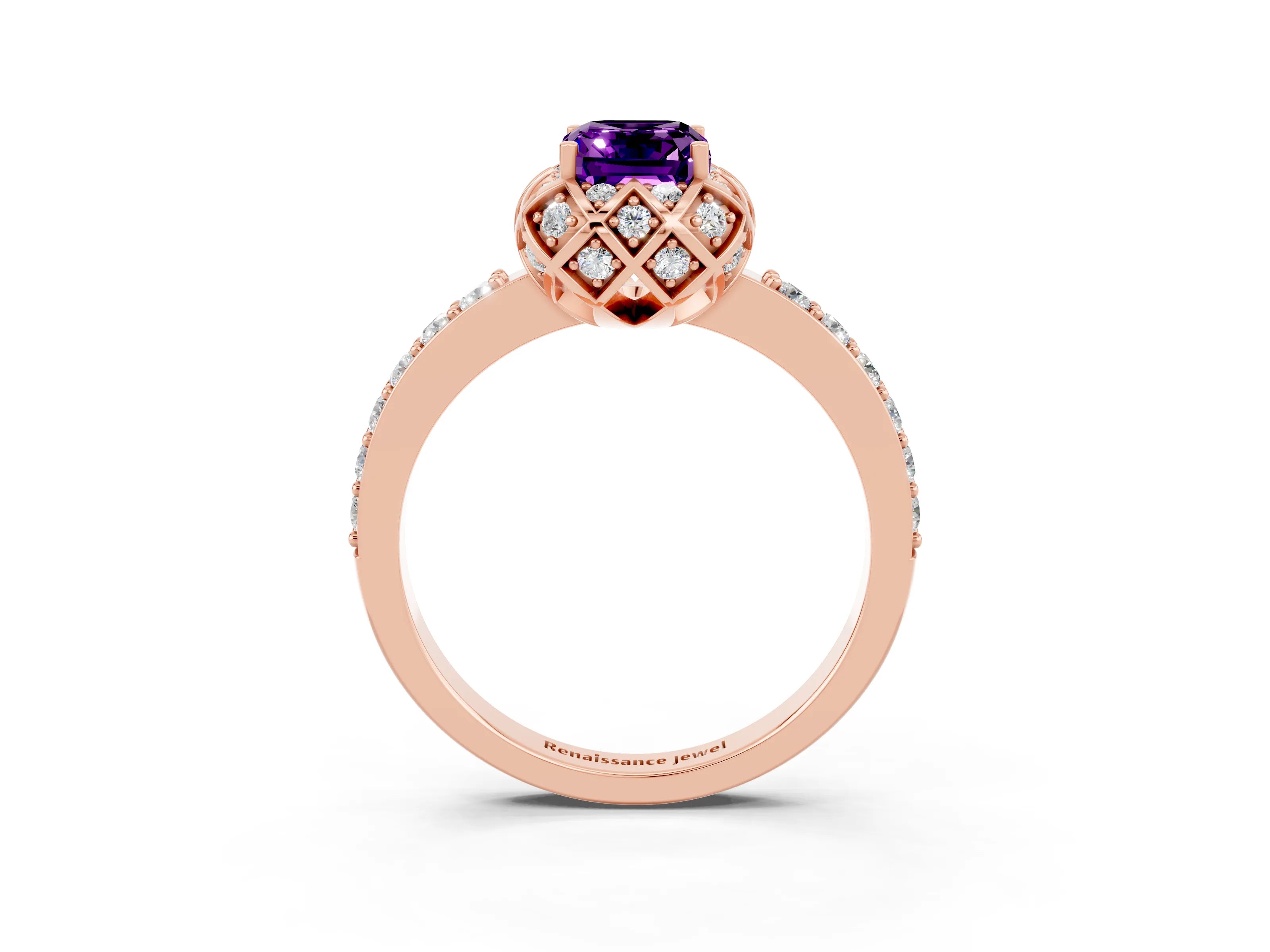 Rose gold Emerald Cut Diamond Solitaire Ring with Shared Prong Pavé Band_3