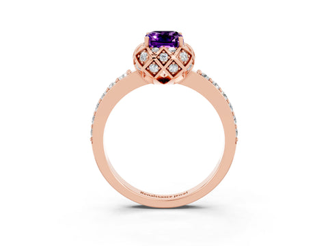 Rose gold Emerald Cut Diamond Solitaire Ring with Shared Prong Pavé Band_3