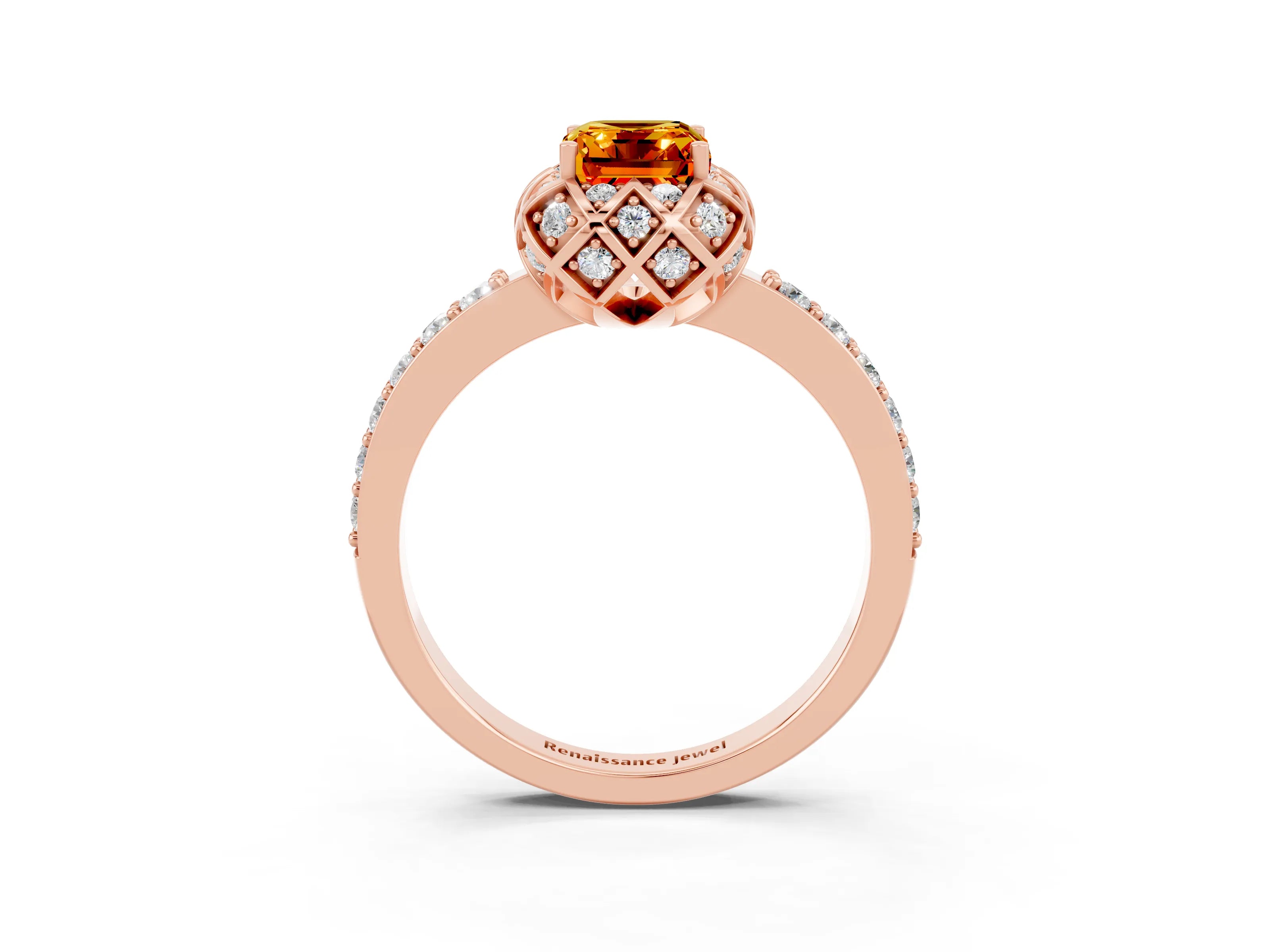 Rose gold Emerald Cut Diamond Solitaire Ring with Shared Prong Pavé Band_3