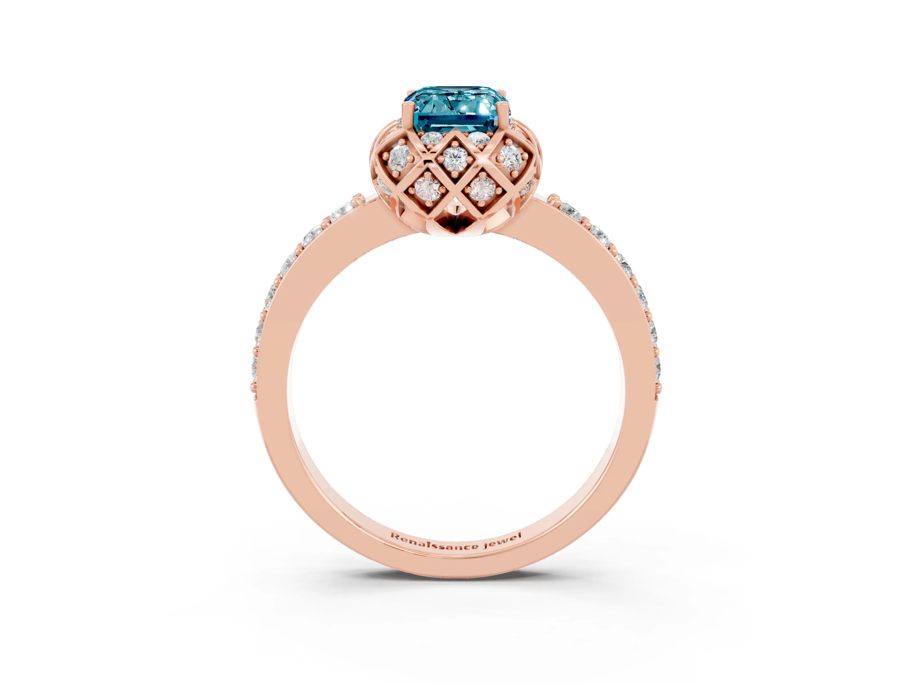 Rose gold Emerald Cut Diamond Solitaire Ring with Shared Prong Pavé Band_3