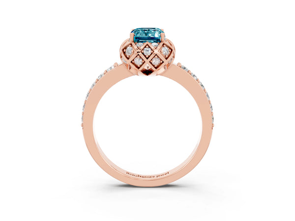 Rose gold Emerald Cut Diamond Solitaire Ring with Shared Prong Pavé Band