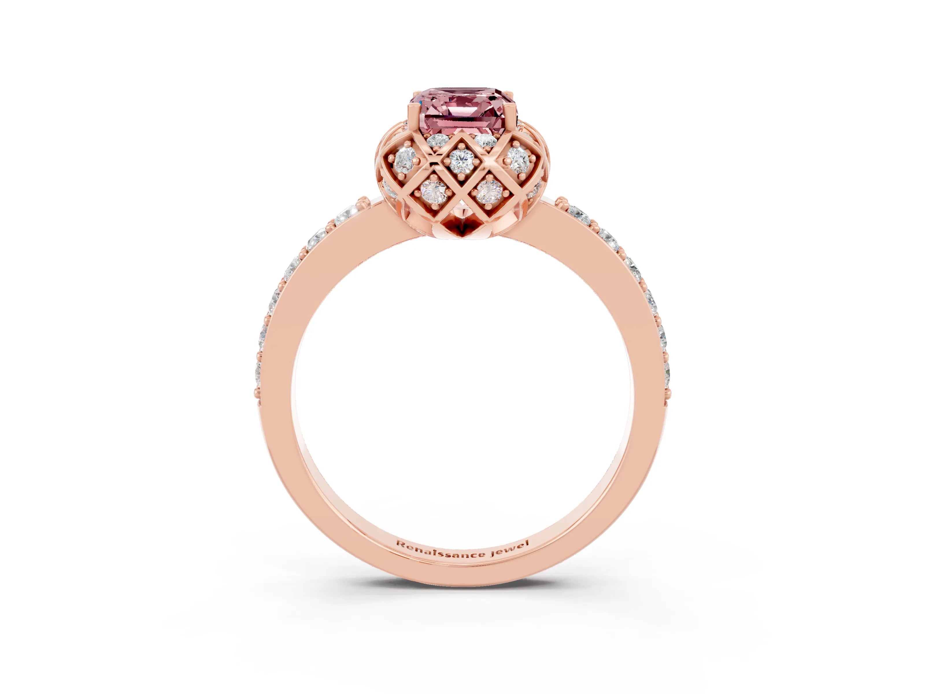 Rose gold Emerald Cut Diamond Solitaire Ring with Shared Prong Pavé Band_3