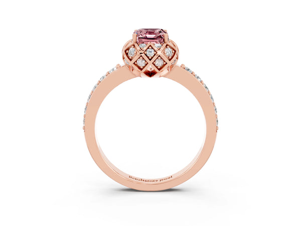 Rose gold Emerald Cut Diamond Solitaire Ring with Shared Prong Pavé Band