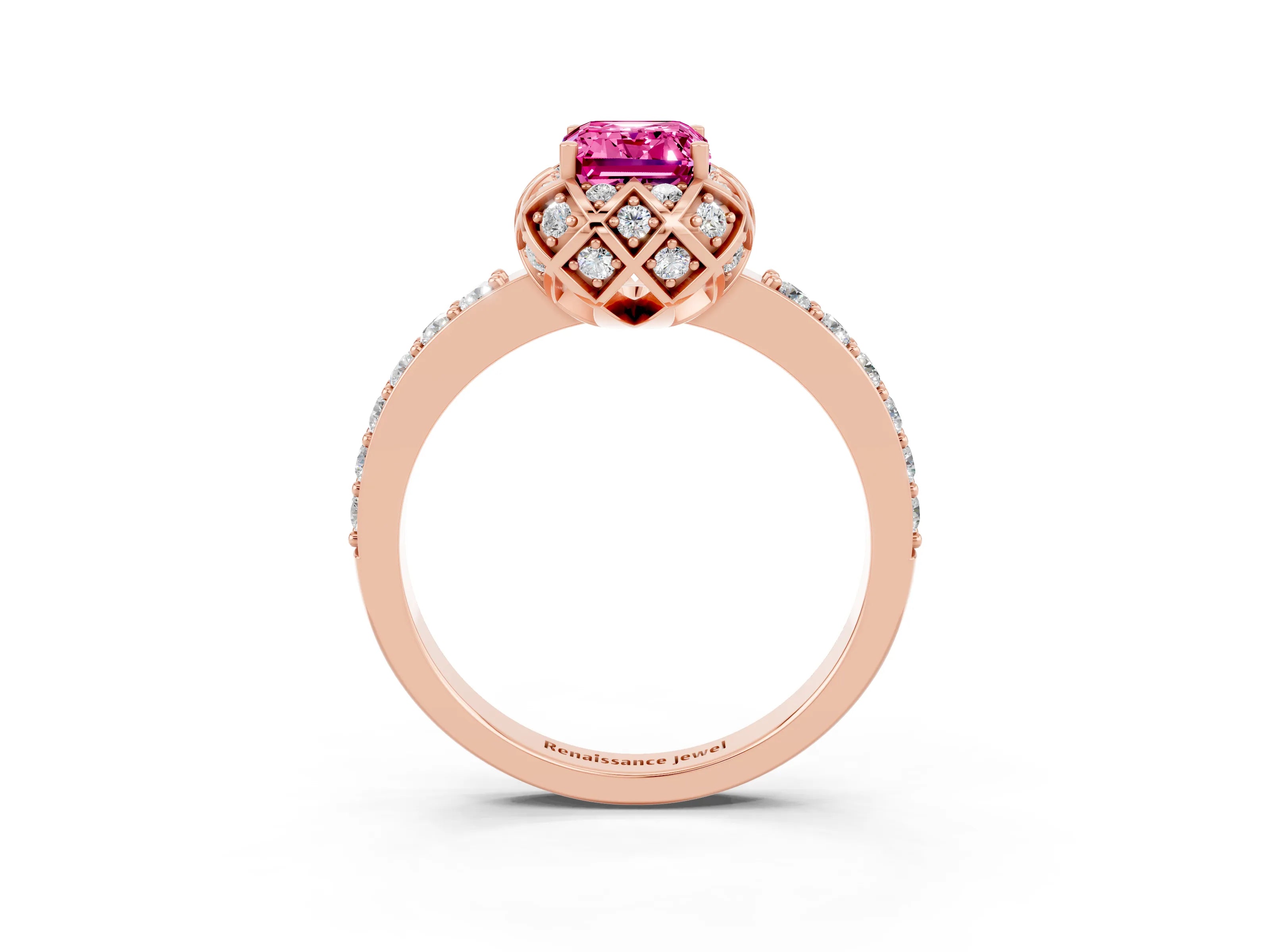 Rose gold Emerald Cut Diamond Solitaire Ring with Shared Prong Pavé Band_3