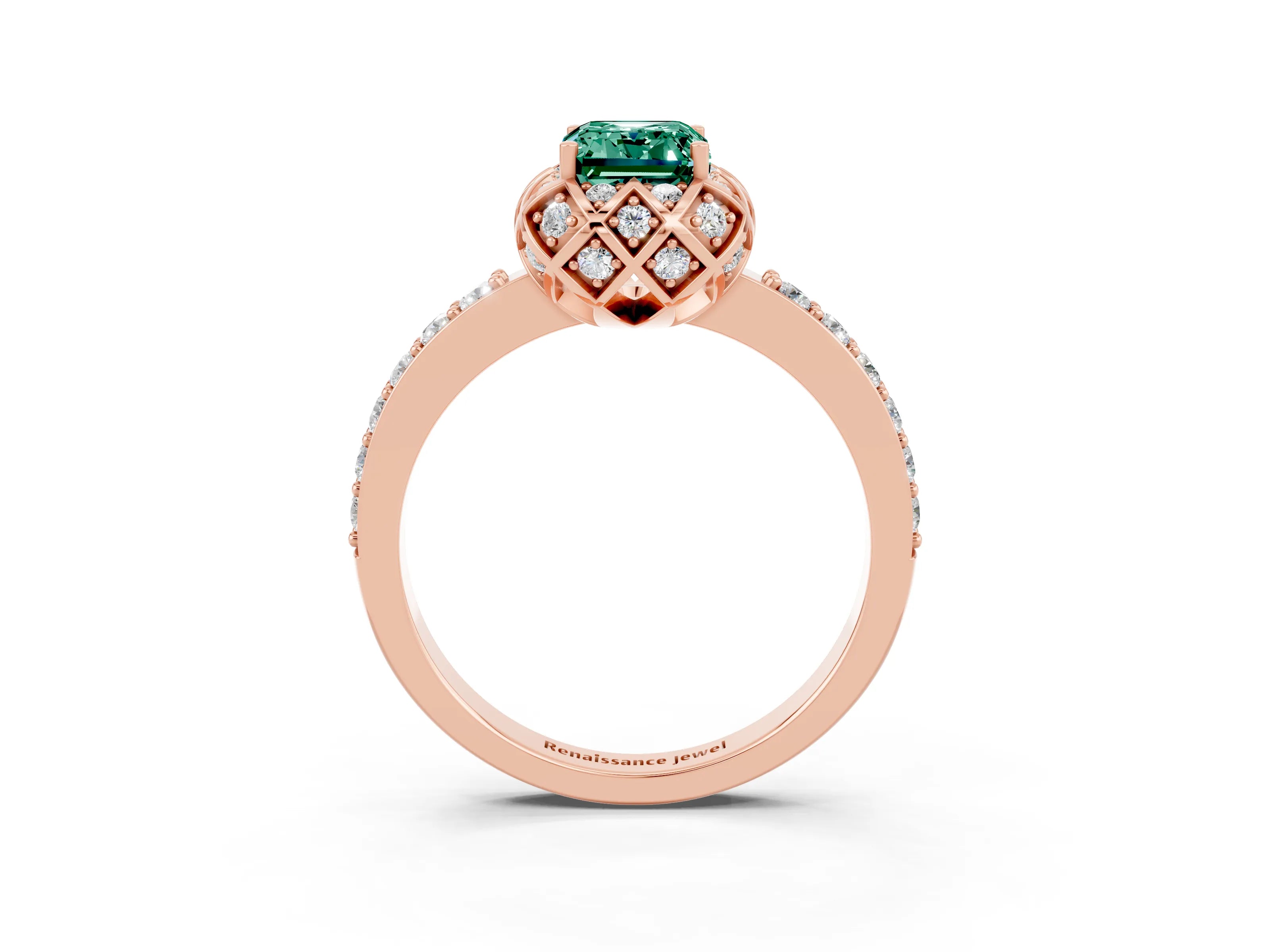 Rose gold Emerald Cut Diamond Solitaire Ring with Shared Prong Pavé Band_3