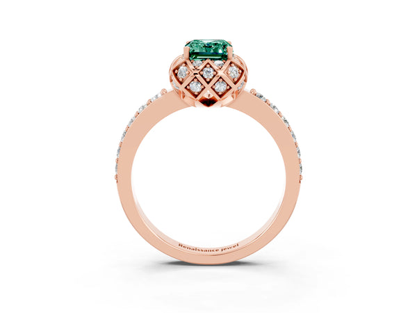 Rose gold Emerald Cut Diamond Solitaire Ring with Shared Prong Pavé Band