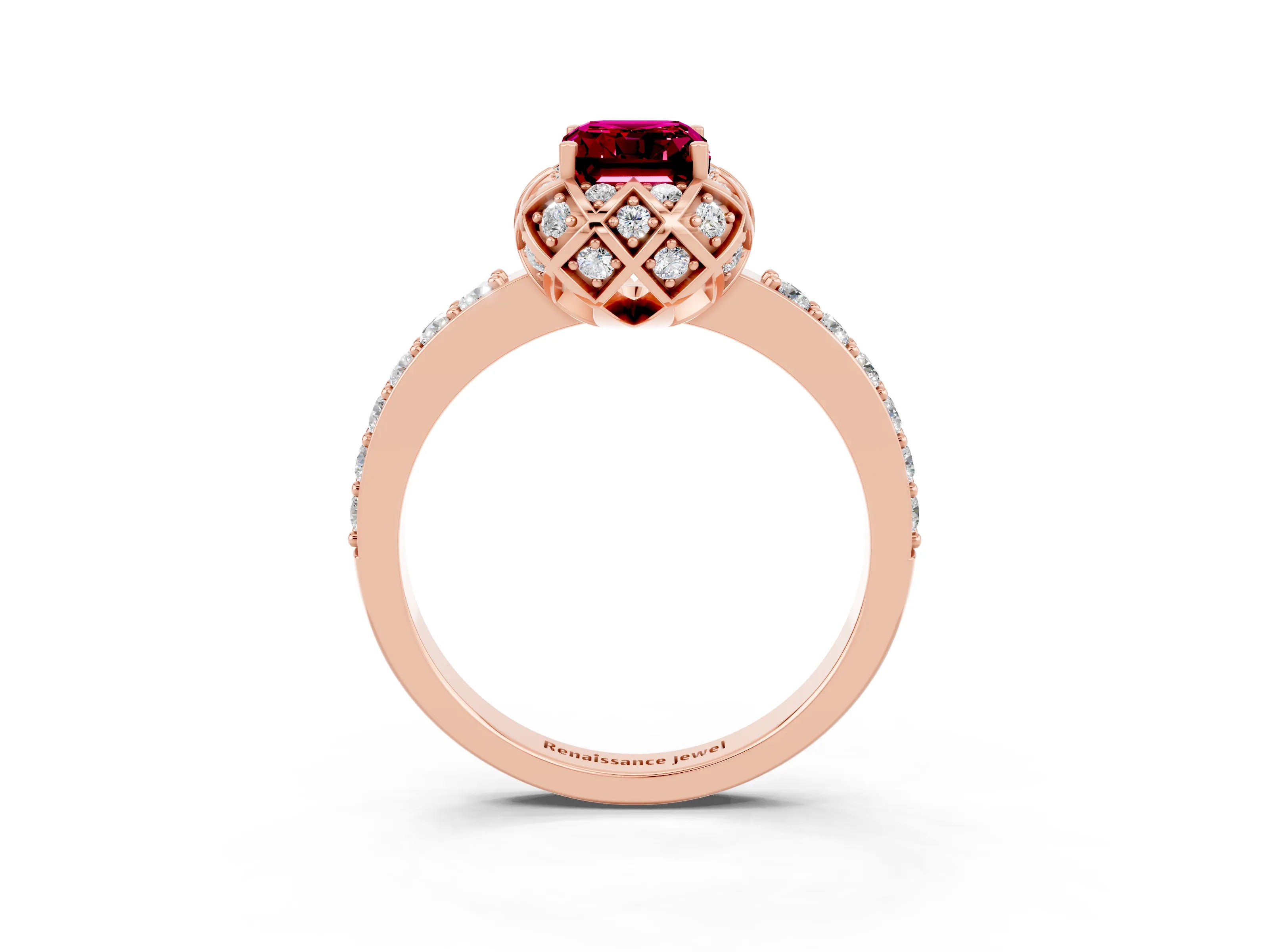 Rose gold Emerald Cut Diamond Solitaire Ring with Shared Prong Pavé Band_3