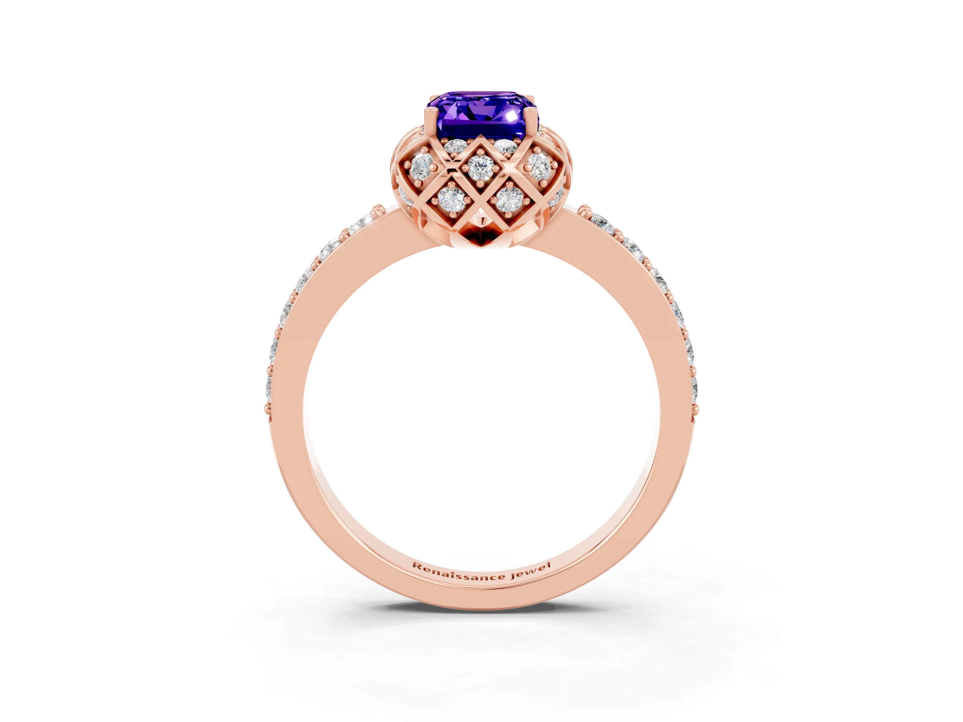 Rose gold Emerald Cut Diamond Solitaire Ring with Shared Prong Pavé Band_3
