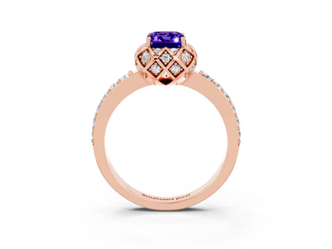 Rose gold Emerald Cut Diamond Solitaire Ring with Shared Prong Pavé Band_3