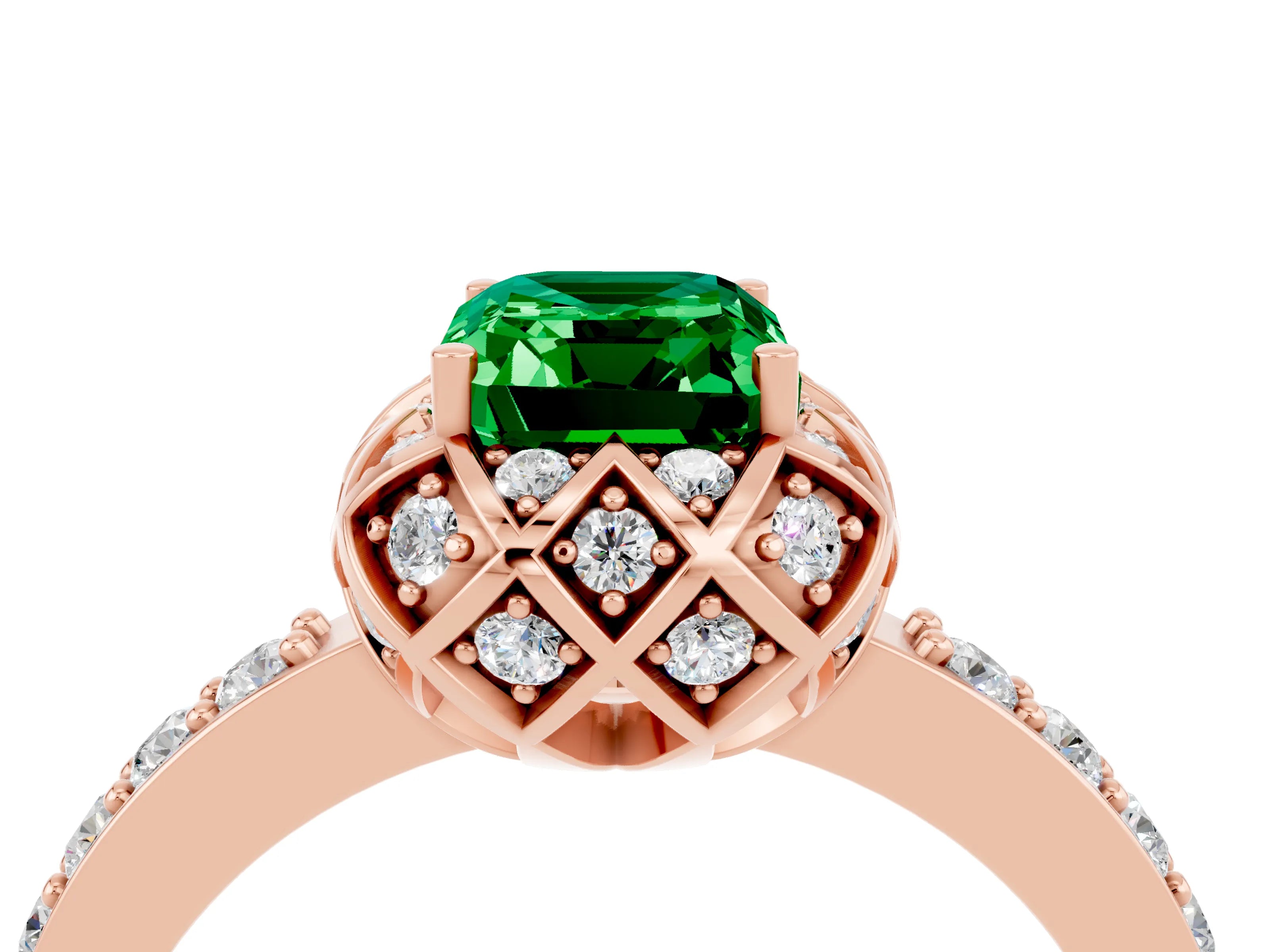 Rose gold Emerald Cut Diamond Solitaire Ring with Shared Prong Pavé Band_4