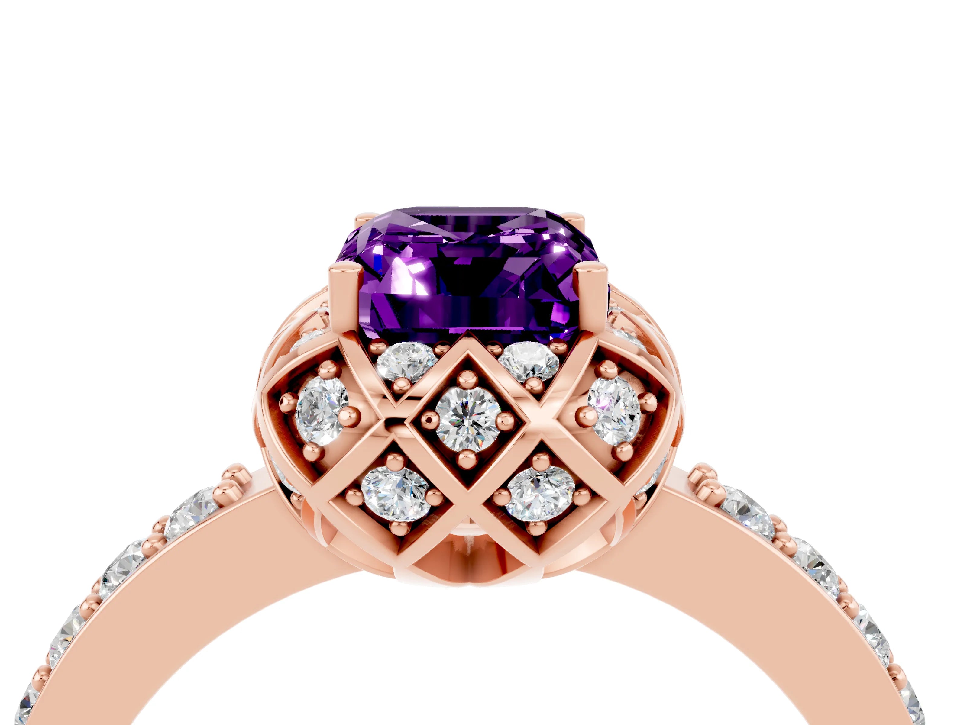 Rose gold Emerald Cut Diamond Solitaire Ring with Shared Prong Pavé Band_4
